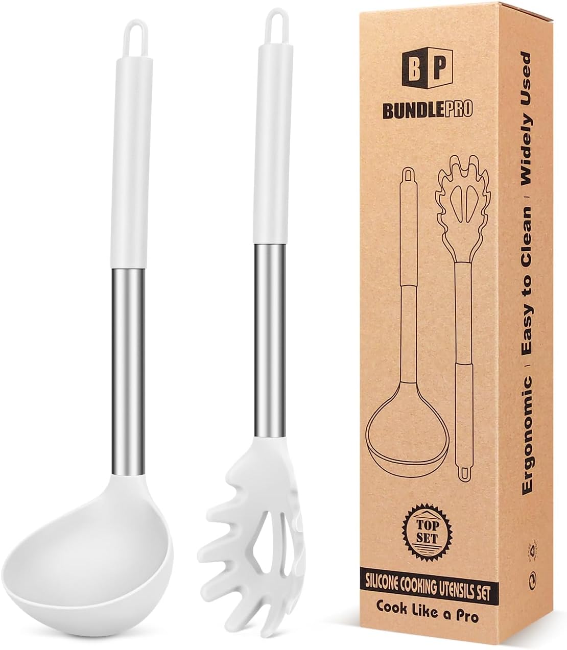 Silicone Pasta Fork and Ladle Spoon Set, Large Non Stick Kitchen Utensils for Cooking,Stirring,Serving Spaghetti, Soup, Sauce (GRAY)
