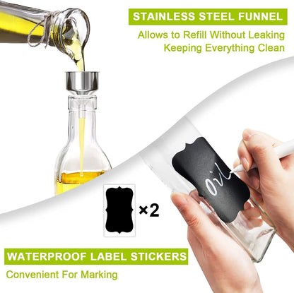 Showvigor Olive Oil Dispenser, 17oz/500ml Square Tall Glass Container With 2 Stainless Steel Pourers, 2 Labels, 1 Brush and 1 Funnel for Kitchen