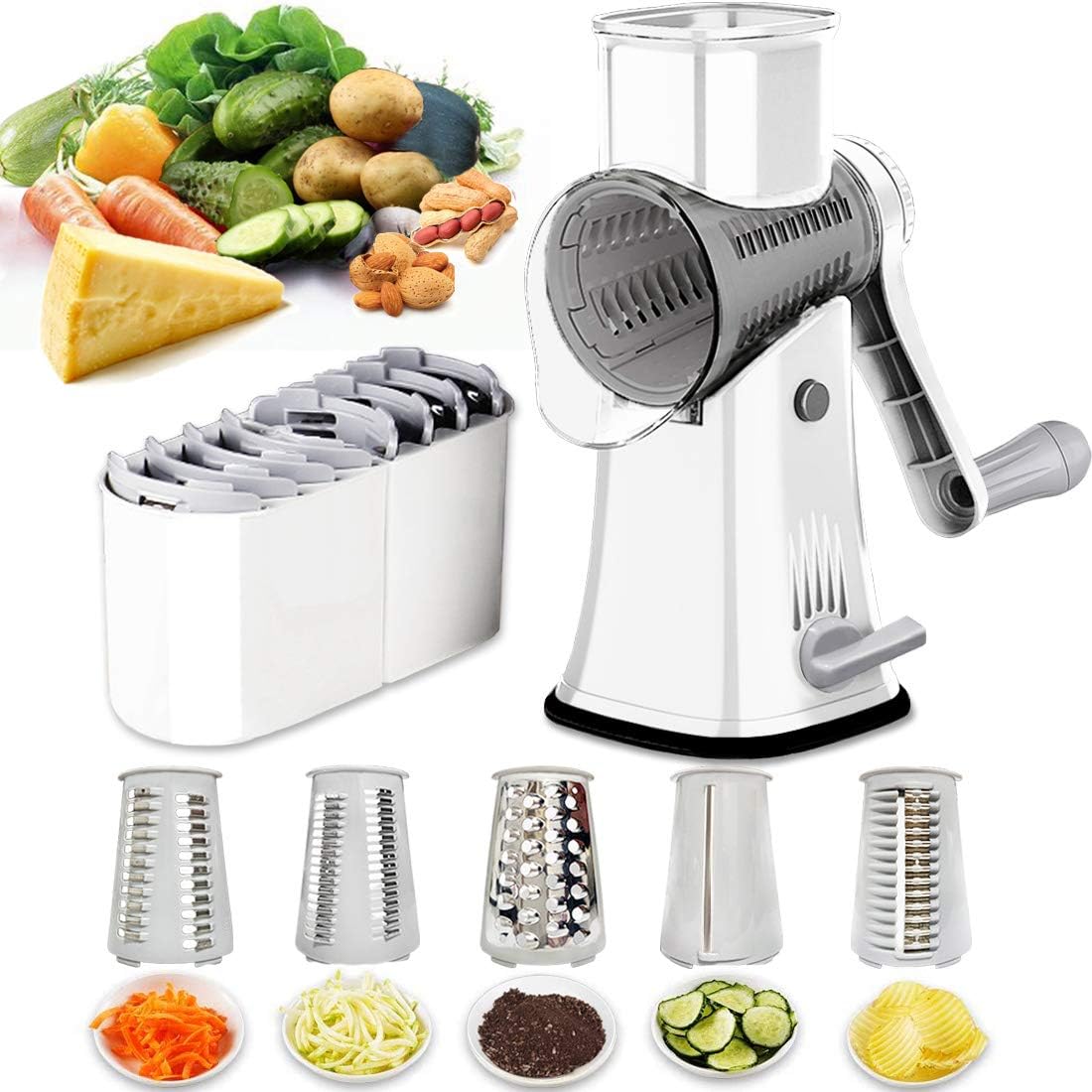 Round Mandoline Drum Slicer Rotary Cheese Grater Veggie Slicer Vegetable Carrot Shredder Nut Chopper Blue