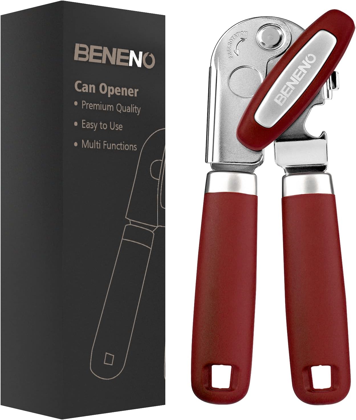 Beneno Heavy Duty Hand Can Opener Manual with Magnet, Durable Sharp Carbon Steel Blade Smooth Cutting, Big Effort-Saving Knob & Soft Grip Handle, Multifunctional Kitchen Tool with Bottle Opener, Green