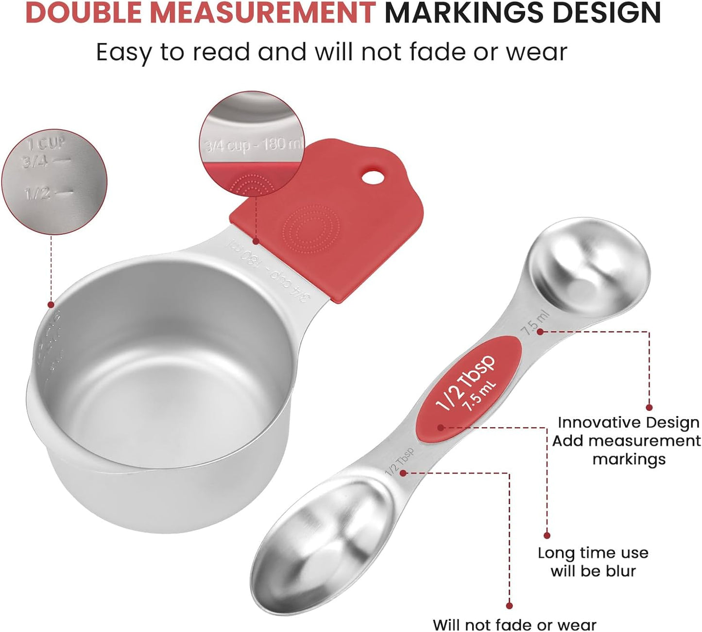 Magnetic Measuring Cups and Spoons Set-Heavy Duty 304 Stainless Steel，Double Measurement Markings，Set of 16 with Leveler for Measure Dry and Liquid Ingredients (Black)