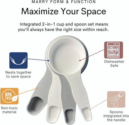 Storage Theory 2-in-1 Measuring Cups & Spoons Set (4-Piece) - Nesting Space-Saving Kitchen Gadget - BPA-Free Food Grade Plastic - Dishwasher Safe for Baking, Cooking, Coffee - White