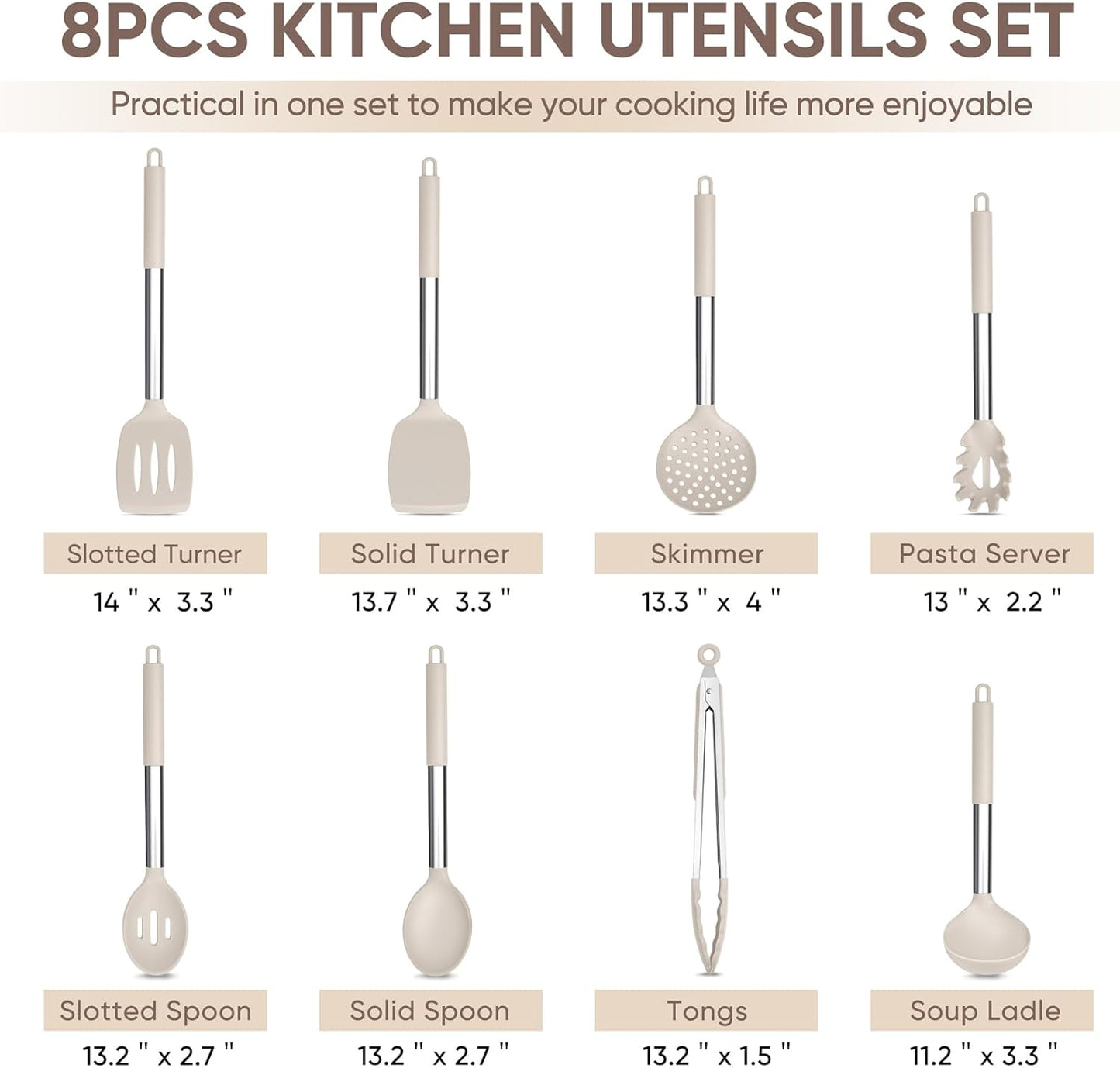 TeamFar Kitchen Utensils Set of 8, Silicone Utensils Kitchen Tools Set with Stainless Steel Handle, for Frying Serving Flipping Draining, Non-toxic & Heatproof, Nonstick & Dishwasher Safe - Black