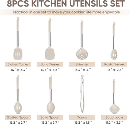 TeamFar Kitchen Utensils Set of 8, Silicone Utensils Kitchen Tools Set with Stainless Steel Handle, for Frying Serving Flipping Draining, Non-toxic & Heatproof, Nonstick & Dishwasher Safe - Black