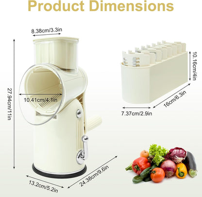 5 in 1 Cheese Grater with Rotary Hand Crank - Vegetable Chopper with Replaceable Stainless Blades, Strong Suction Base, Handle, Blade Storage Box, Easy-Clean Multipurpose Kitchen Slicer (Green)