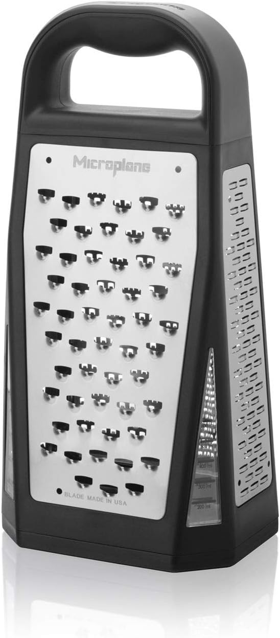 Microplane Elite Five Blade Box Grater with Measuring Cup Base, Five Grating Surfaces Including Fine, Coarse, Double-Sided Ribbon, Ultra-Coarse, and Slicer - Black
