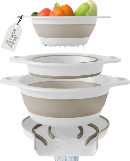 Gevoli Collapsible Colanders with Self-Draining Base for Edge of Sink, Food Strainers (Small/Med/Large), Nested Design for Easy Storage (Red, Blue, Green) (4PC Set)