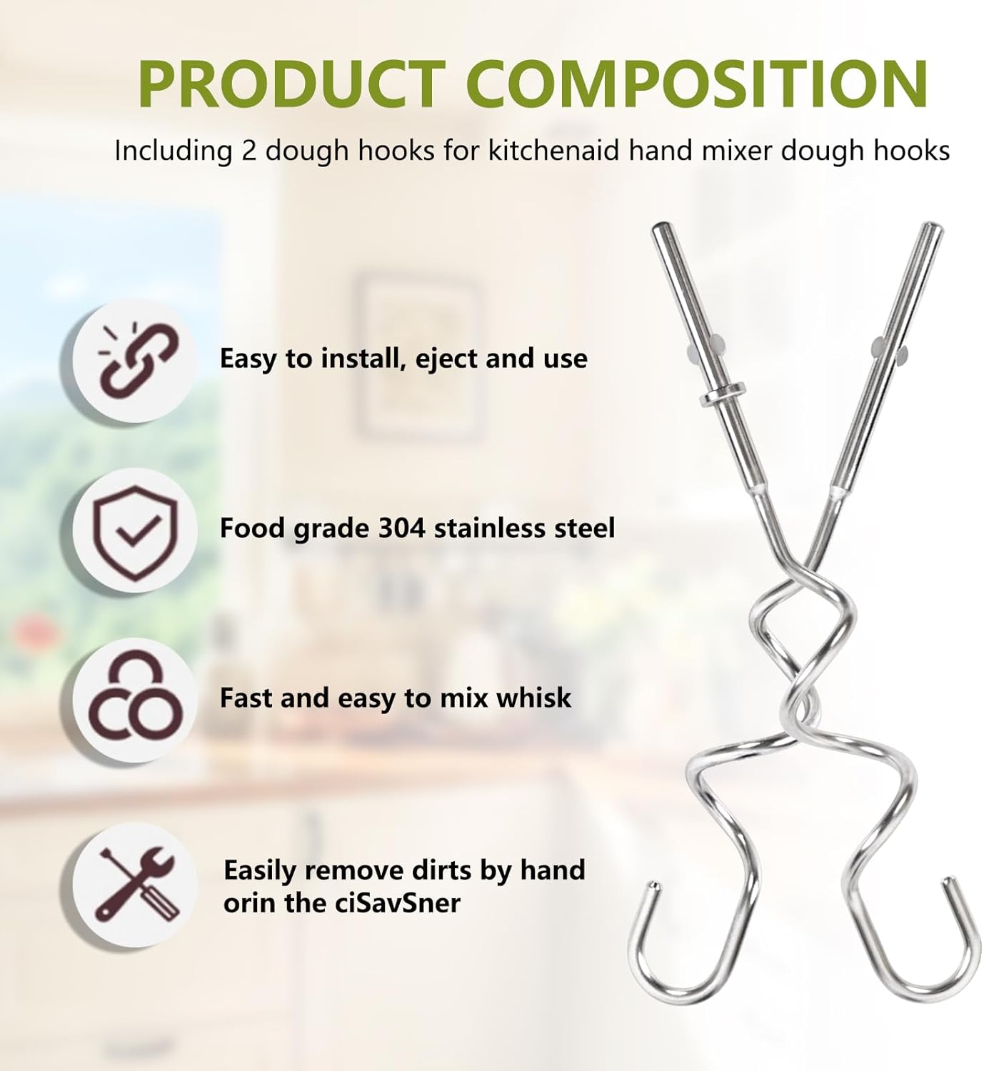 KHM512 Dough Hooks for Hand Mixer, Replacement Compatible with KitchenAid KHM/5KSM/KSM/KSMO/KSMH Series, Heavy-Duty Stainless Steel Attachments for Making Bread & Pizza Dough (2 Pack)