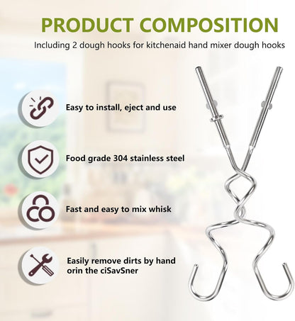 KHM512 Dough Hooks for Hand Mixer, Replacement Compatible with KitchenAid KHM/5KSM/KSM/KSMO/KSMH Series, Heavy-Duty Stainless Steel Attachments for Making Bread & Pizza Dough (2 Pack)