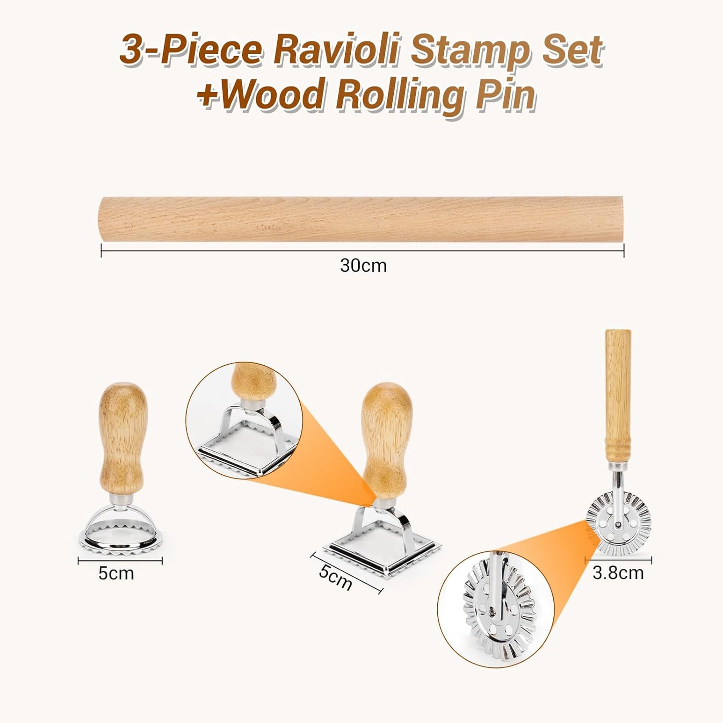 5 Pcs Ravioli Maker Set, Ravioli Cutter and Ravioli Mold with Wood Rolling Pin, 2-Inch Square Pasta Stamp Press for Homemade Italian Ravioli, Kitchen Pasta Making Tools for Baking Enthusiasts