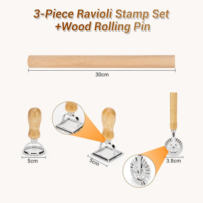5 Pcs Ravioli Maker Set, Ravioli Cutter and Ravioli Mold with Wood Rolling Pin, 2-Inch Square Pasta Stamp Press for Homemade Italian Ravioli, Kitchen Pasta Making Tools for Baking Enthusiasts