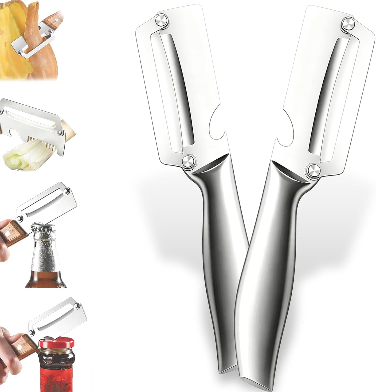 Multifunctional Vegetable Peeler With Wooden Handle, 3 In 1 Stainless Steel Sharp Knife For Fruit And Hard Skinned Produce, Kitchen Tool With Bottle Opener (2pcs)