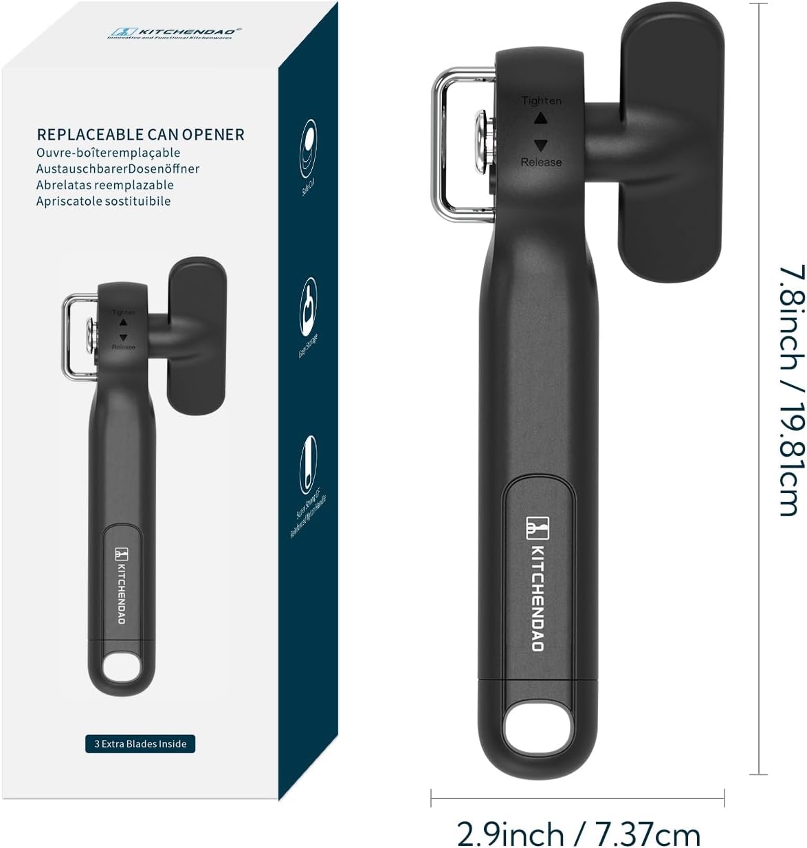 KITCHENDAO Replaceable Can Opener with 3 Extra Blades, Safe Cut Can Opener, Smooth Edge Manual Side Cut, No Sharp Edges Handheld Tin Opener With Super Sharp Replaceable Blade, Black