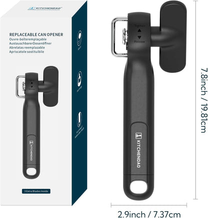 KITCHENDAO Replaceable Can Opener with 3 Extra Blades, Safe Cut Can Opener, Smooth Edge Manual Side Cut, No Sharp Edges Handheld Tin Opener With Super Sharp Replaceable Blade, Black