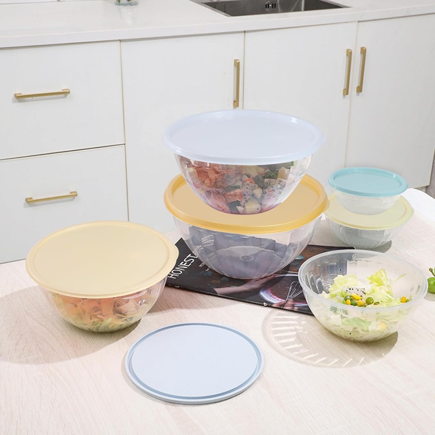 Plastic Mixing Bowls with Lids Set, Multicolor Salad Bowl Set, 7 Pieces Nesting Storage Bowls