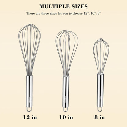 NileHome Stainless Steel Whisk 8" Hand Blender + 10" Semi-Automatic Rotary Kitchen Whisk Kitchen Wisk Wire Whisks for Cooking, Whisking, Blending, Beating, Stirring- 2 Pack...