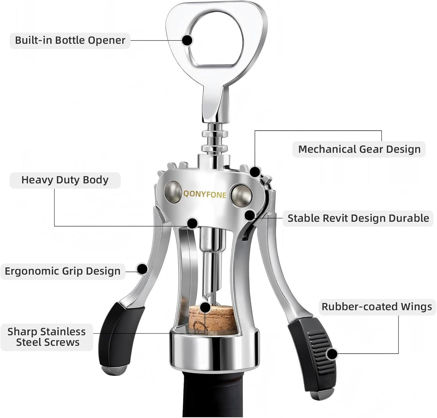 Wing Corkscrew Wine Opener, Premium Zinc Alloy Manual Bottle Opener, Heavy Duty Multifunctional Tool for Kitchen, Bar, Restaurant & Waiters (Silver)