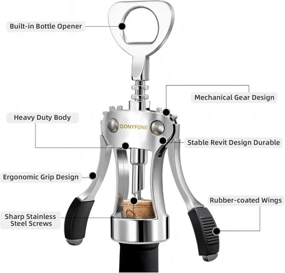 Wing Corkscrew Wine Opener, Premium Zinc Alloy Manual Bottle Opener, Heavy Duty Multifunctional Tool for Kitchen, Bar, Restaurant & Waiters (Silver)