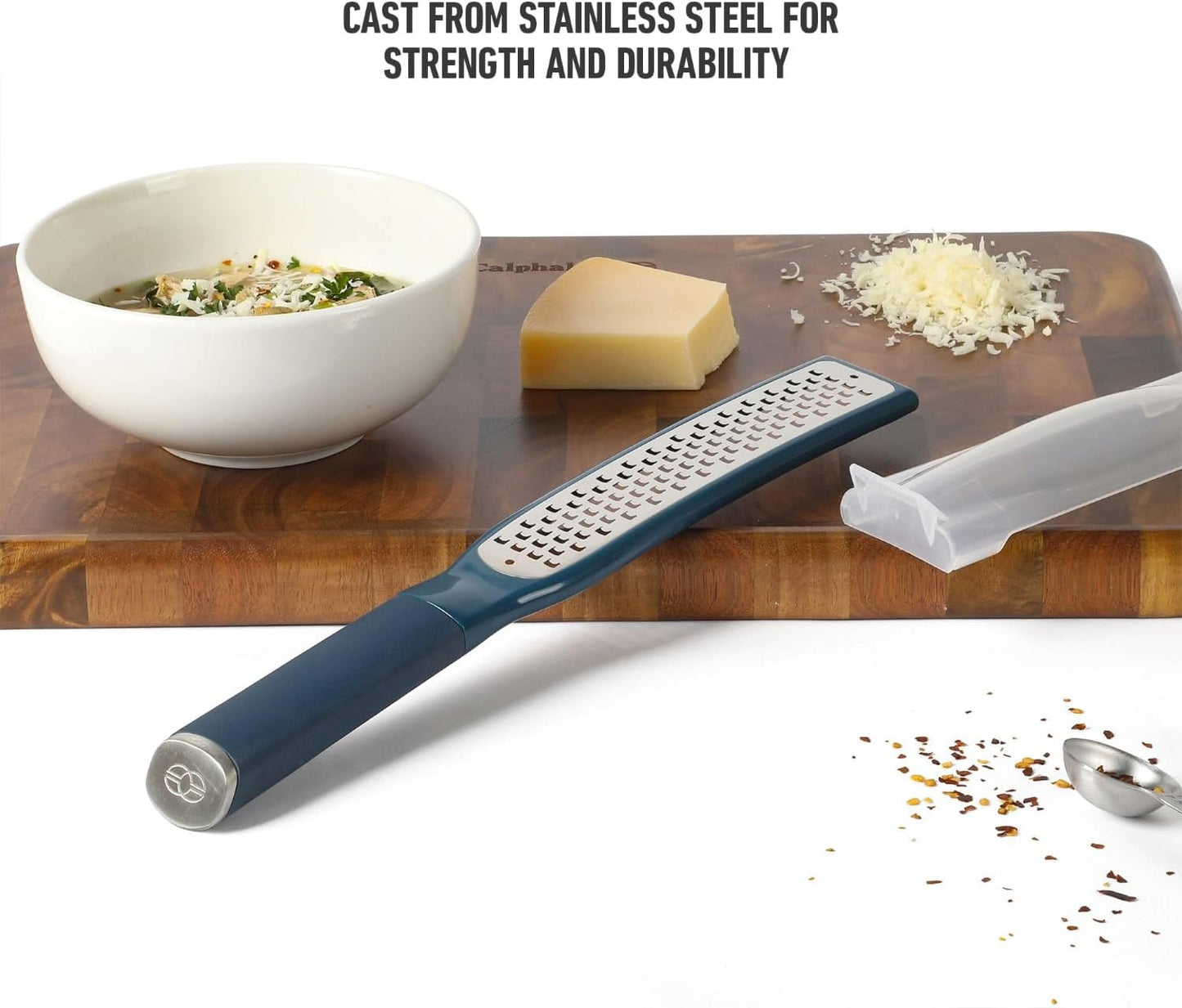 Calphalon Edge Stainless Steel Handheld Grater Lemon Zester W/Cover & Rubber Handle - Navy Blue