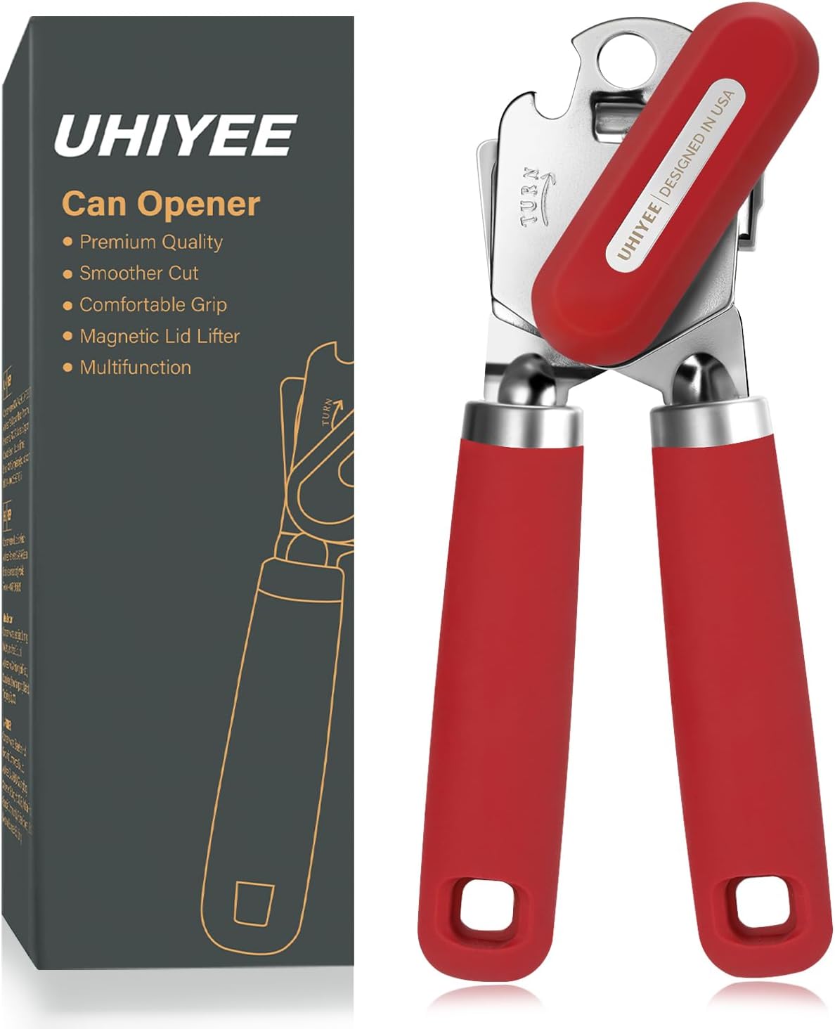 Can Opener Manual, UHIYEE Hand Held Manual Can Openers Heavy Duty with Smoother Cut Sharp Blade, Manual Hand Can Open with Soft Handle, Easy to Turn Knob, Magnetic Lid Lifter, Black