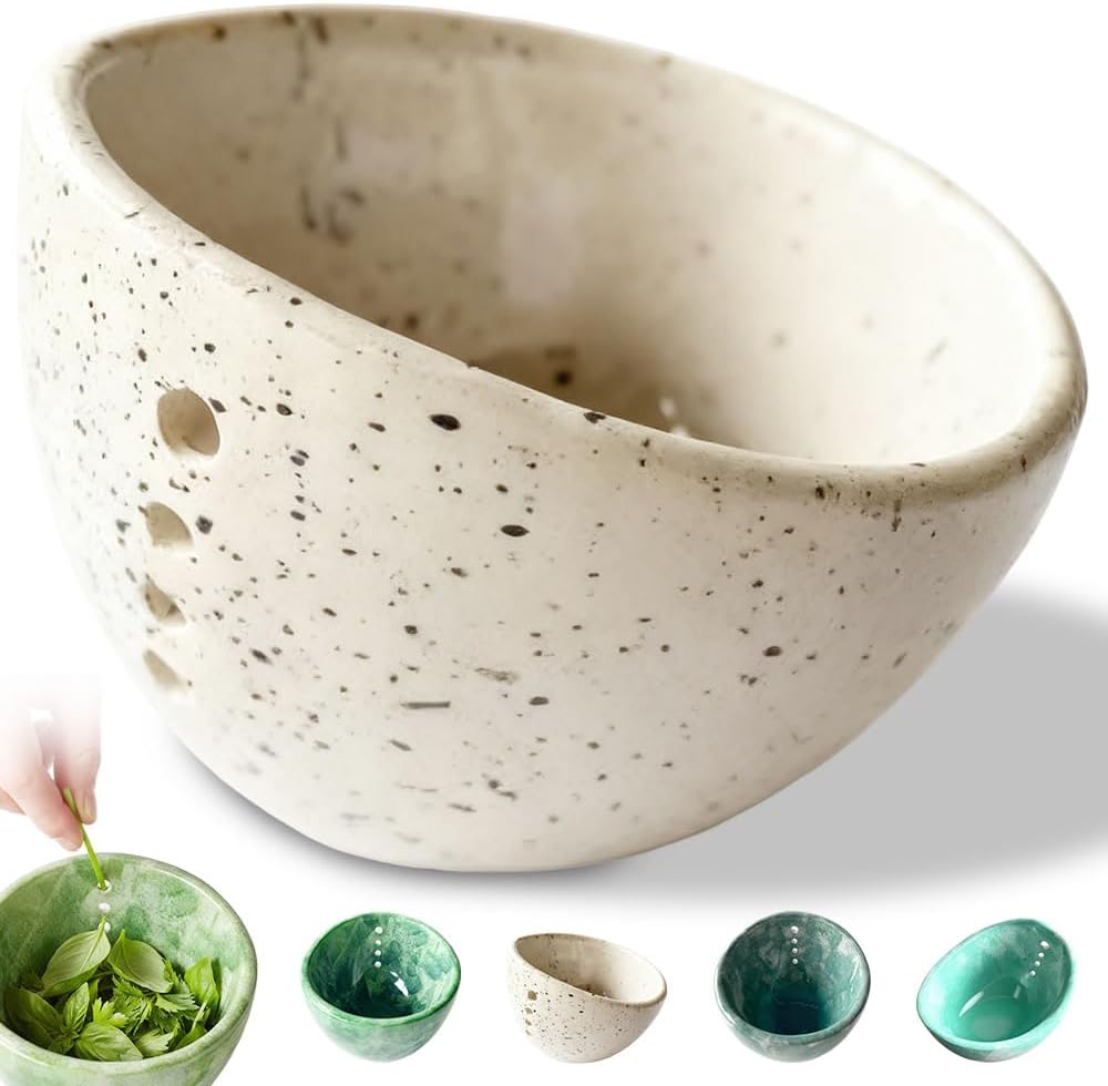 Herb Stripper Bowl, 2026 New Ceramic Herb Stripper with 4 Sizes of Round Holes, Efficient Herb Peeling Cup for Kitchen (White, Resin Version)