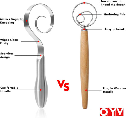 OYV Seamless Dough Whisk, 18/10 Stainless Steel Danish Dough Wisk, 9" Bread Whisk for Sourdough, Cookies, Pizza, Pastry, Dishwasher Safe Dough Hook