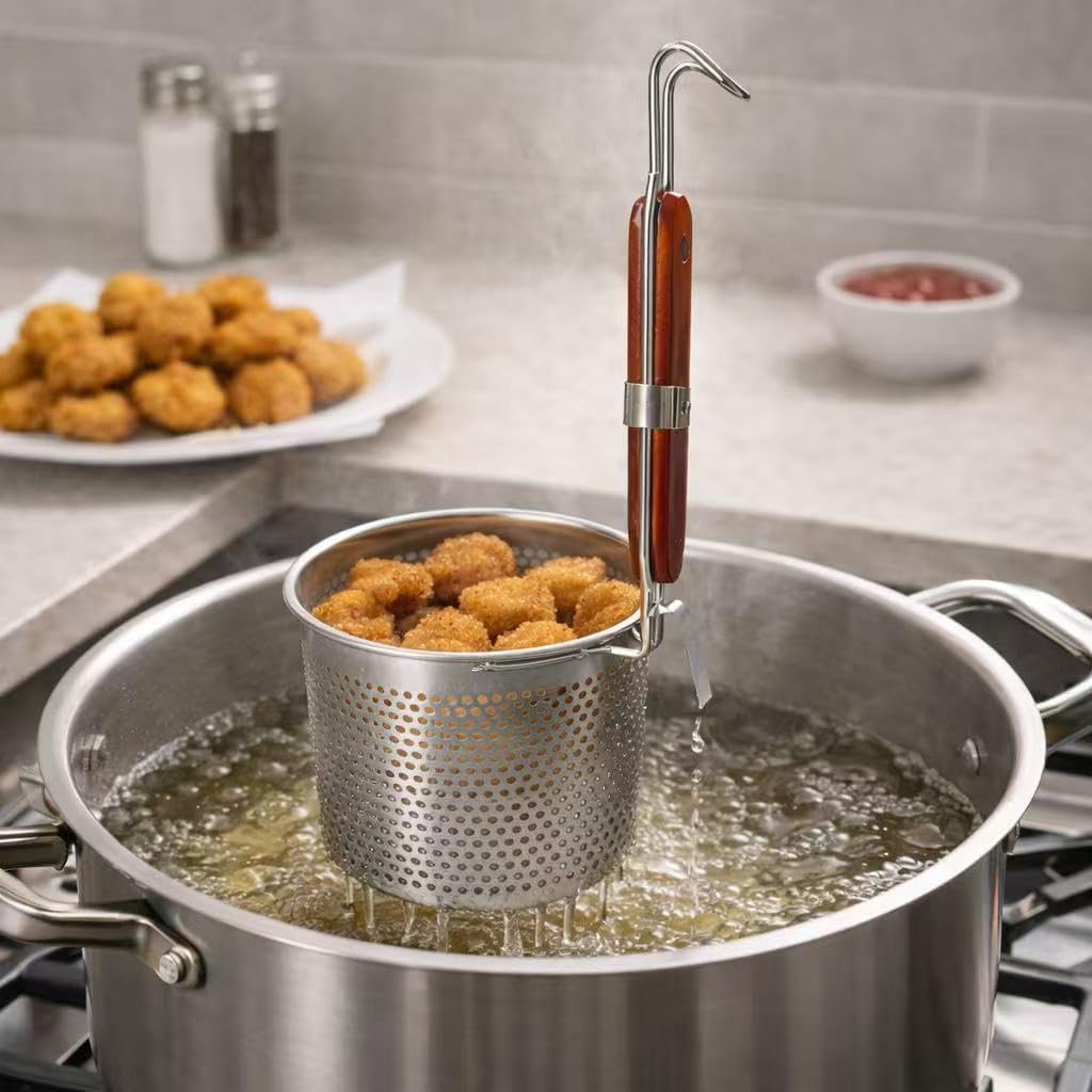 Mesh Pasta Basket Food Strainer Insert For Pot, Colander with Round Wooden Handle Stainless Steel Mesh Spider Strainer for Pasta Noodles Dumpling Vegetable