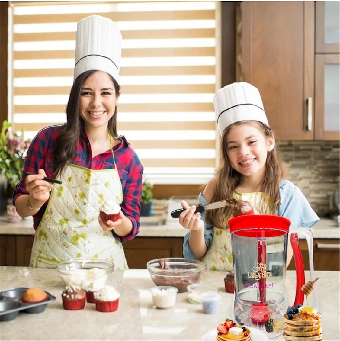 Leilanis Breadleaf Batter Dispenser for Pancakes, Waffles, Cookies, Cakes, Set 6 pcs Griddle BreakFast Kit Egg Rings and Oil Brush 4 Cup Capacity (Red)