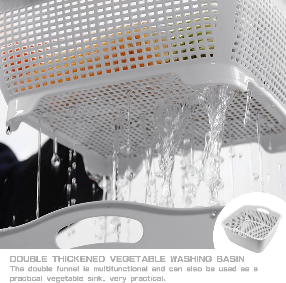 Double-layer Plastic Fruits Vegetable Washing Basket Food Storage Multi-layer Stackable Vegetable Sinks Wash Drain Basket for Kitchen (White)