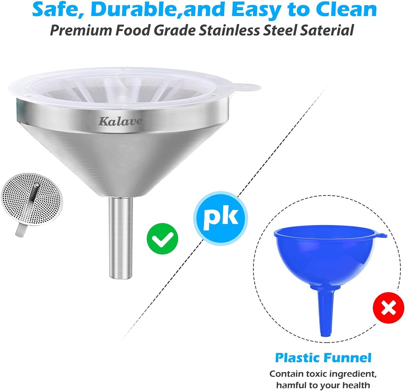 KALAVE Premium Stainless Steel Funnel, 5 Inch Food Grade Kitchen Funnels with 200 Mesh Food Filter Strainer for Filling Bottles, Oils, Juice, Wine, Coffee, Milk