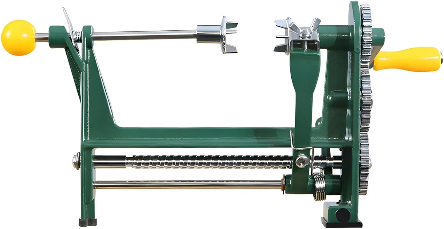 Hand Crank Apple Peeler Slicer Corer, Heavy Duty Metal Fruit Peeler with Adjustable Thickness Blade, Gear-Driven Potato Slicing Machine with Double-Forked Lock for Kitchen, Yellow Green