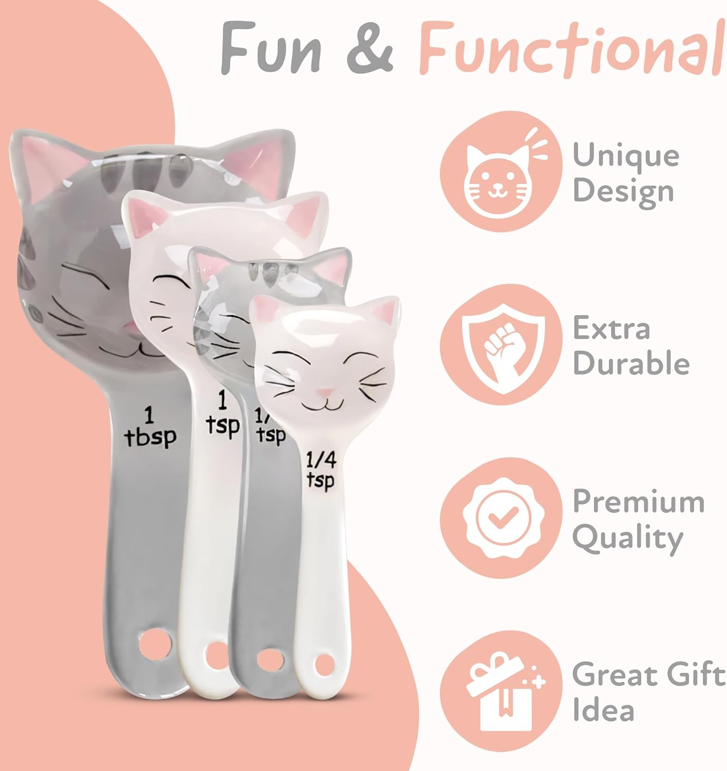 Cat Shaped Ceramic Measuring Spoons - Gift for Any Cat Lover - Cat Ceramic Measuring Spoons Baking Tool - Creative Functional Kitchen Decor - Comes in White and Gray - Set of 4