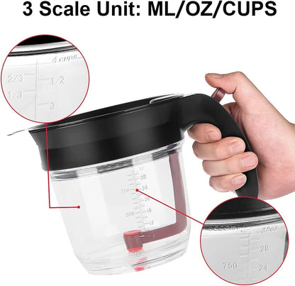 Fat Separator with Bottom Release - 4 Cup/32oz Gravy Separator, Grease Skimmer with Top Strainer & Measurement Marks - Heat Resistant Oil Separator for Healthy Cooking, Soup, Sauce & Stock