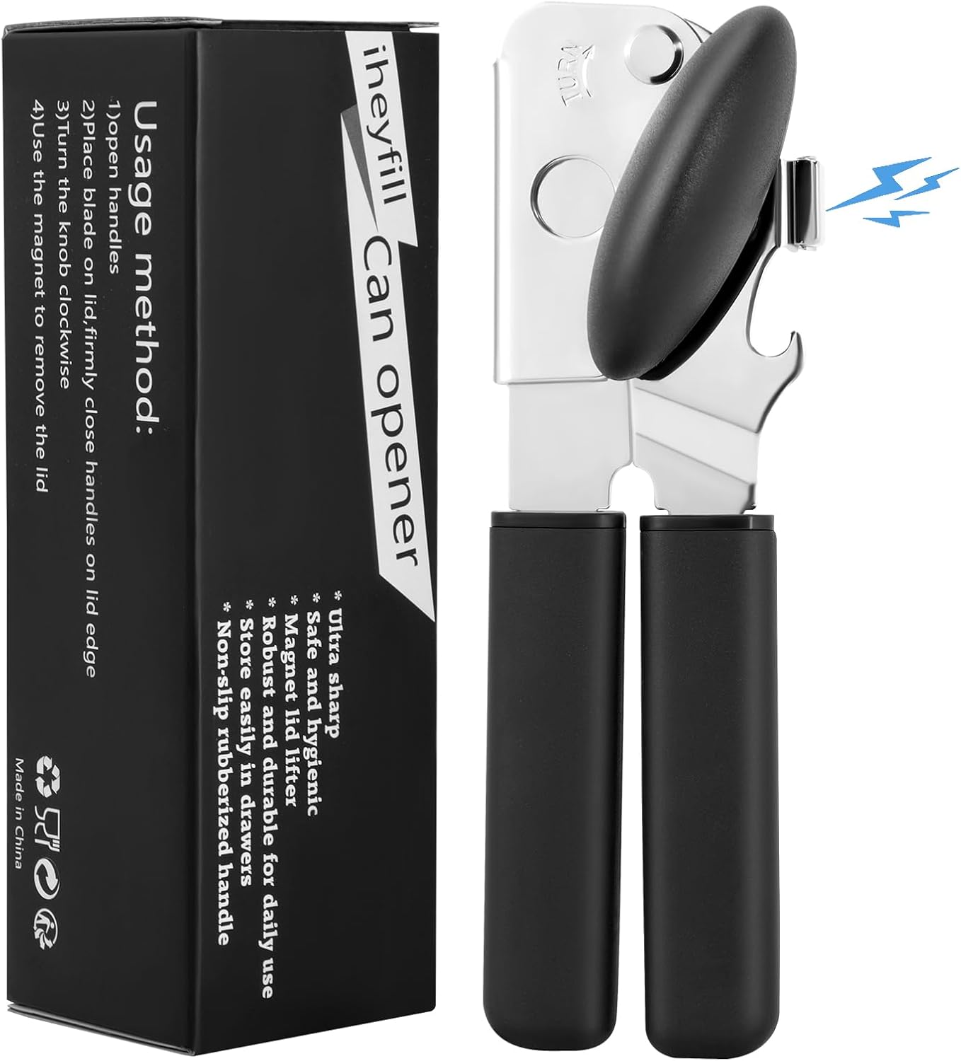 Can Opener Manual with Magnet Lift, Heavy Duty Handheld Smooth Edge Can Tin Opener for Seniors, Durable Sharp Cutting Blade,Easy Turn Knob Multifunctional Bottle Opener