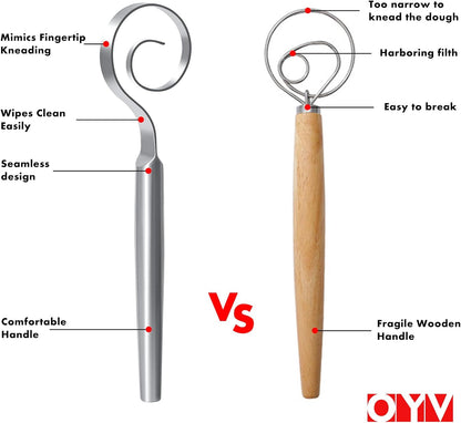 OYV Seamless Dough Whisk, 18/10 Stainless Steel Danish Dough Wisk, 9" Bread Whisk for Sourdough, Cookies, Pizza, Pastry, Dishwasher Safe Dough Hook