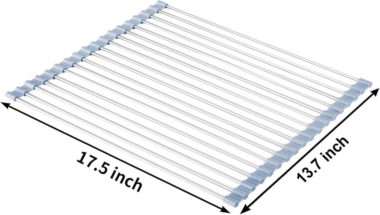 MECHEER Over The Sink Dish Drying Rack, Roll Up Dish Drying Rack Kitchen Dish Rack Stainless Steel Sink Drying Rack, Foldable Dish Drainer, Gray (20.4''x13.7'')