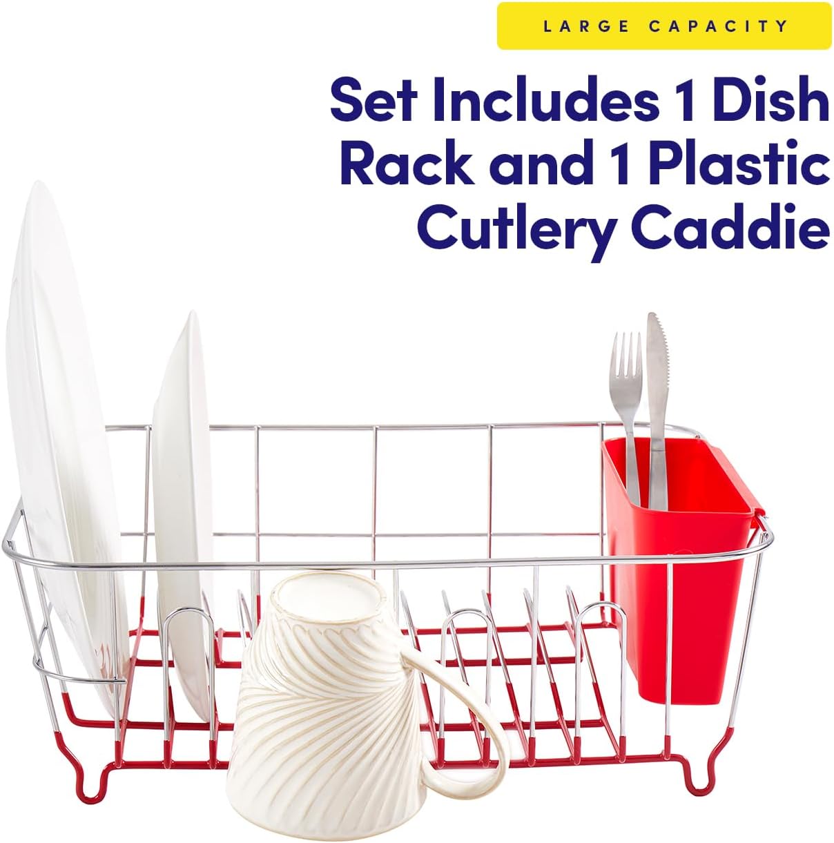 Dish Drying Rack & Cutlery Holder 2 Piece Set - Compact Sink-Fitting Dish Drainer with Rubberized Undercoating, Space-Saving Kitchen Organizer for Plates, Cups, Bowls & Utensils in Sink, Silver
