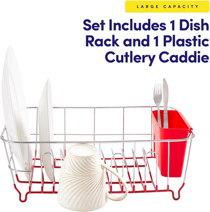 Dish Drying Rack & Cutlery Holder 2 Piece Set - Compact Sink-Fitting Dish Drainer with Rubberized Undercoating, Space-Saving Kitchen Organizer for Plates, Cups, Bowls & Utensils in Sink, Silver