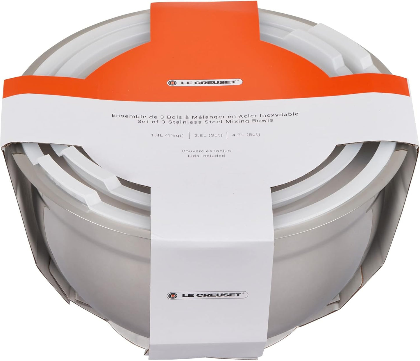 Le Creuset Set of 3 Nested Mixing Bowls w/Nonslip Silicone Base & Plastic Air Tight Lids
