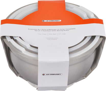 Le Creuset Set of 3 Nested Mixing Bowls w/Nonslip Silicone Base & Plastic Air Tight Lids