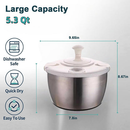 5.3QT Stainless Steel Salad Spinner - Large Capacity Vegetable & Fruit Washer Cleaner, Salad Dryer with Quick Spin & Drain Outlet, Multi-Use Colander