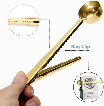 Coffee Scoop, Stainless Steel Golden Multi Function Coffee Measuring Spoon，Great Measuring Coffee, Tea，Protein Powder, Instant Drinks More - Perfect Coffee Spoon Bag Clip