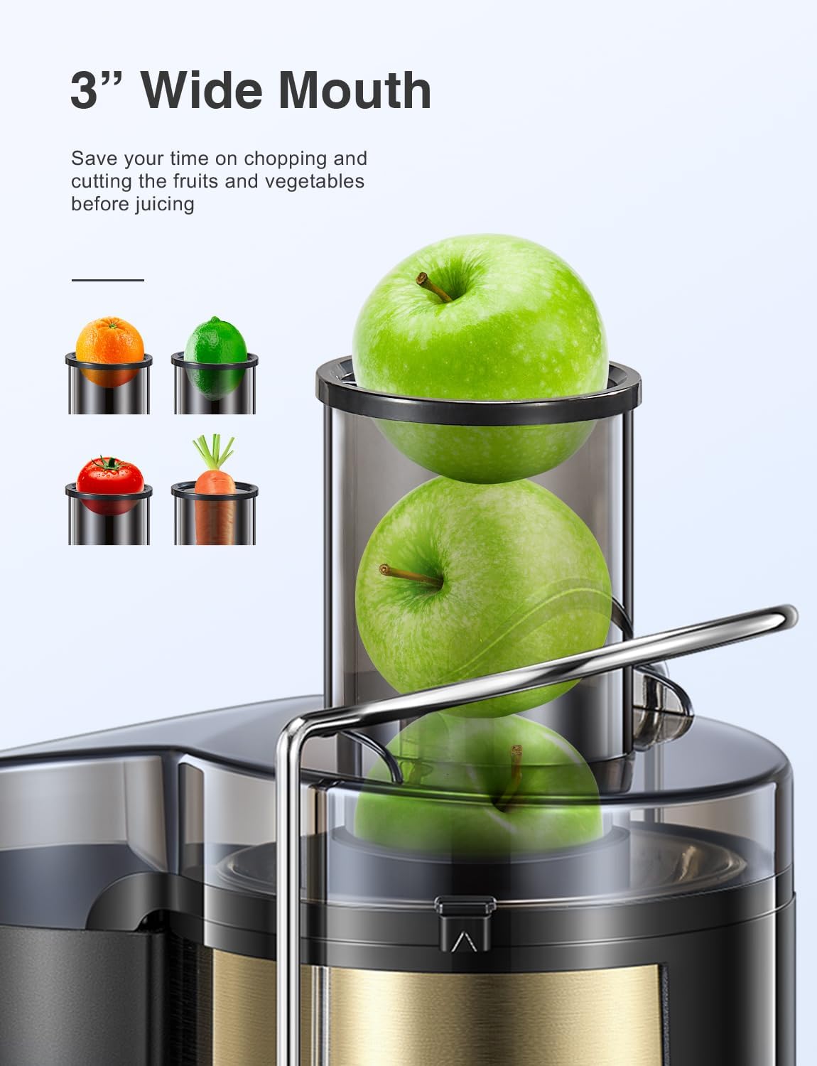 Qcen Juicer Machine, 500W Centrifugal Juicer Extractor with Wide Mouth 3” Feed Chute for Fruit Vegetable, Easy to Clean, Stainless Steel, BPA-free (Black)