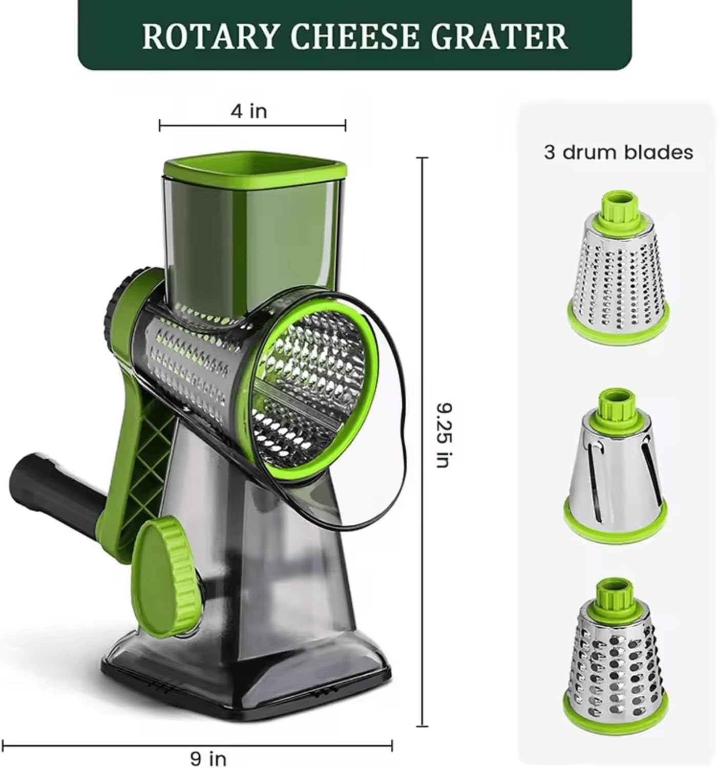 Rotary Cheese Grater with 3 Stainless Steel Blades – Manual Cheese, Vegetable, Nuts Slicer & Shredder with Strong Suction Base, Round mandoline slicer & Food Chopper - Hand Crank Grater with Handle