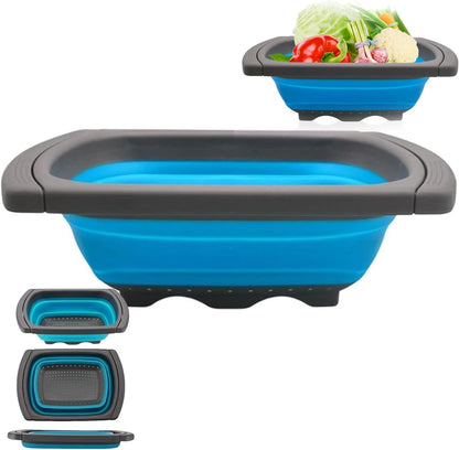 6 Quart Collapsible Colander Strainer Over the Sink, Extendable Handles Kitchen Vegetable Fruit Pasta Strainer Basket, Space-Saving Silicone Food Grade, Dishwasher Safe (Blue)