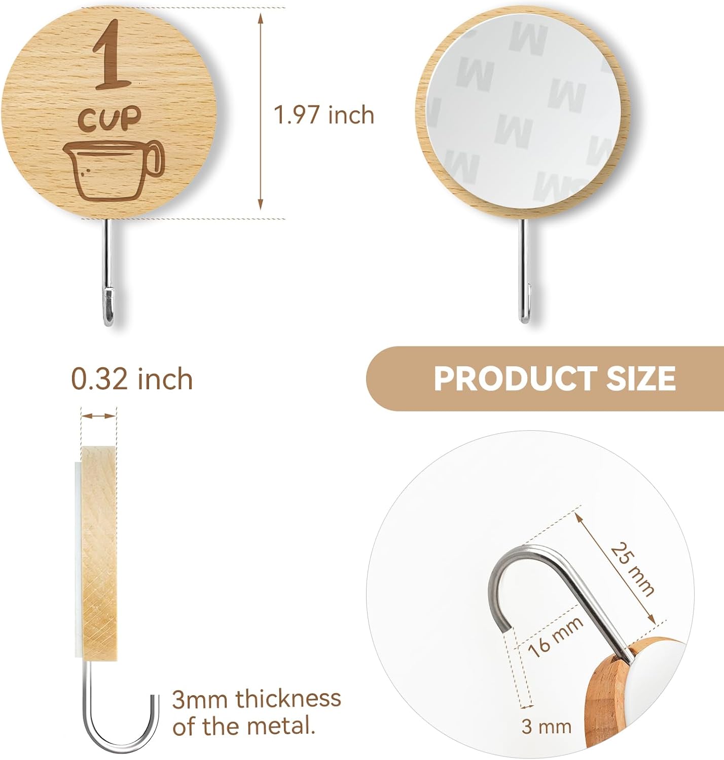 Measuring Cup and Spoon Organizer, 12 Pack Adhesive Wood Hooks for Hanging, Kitchen Hooks for Space Saving Storage