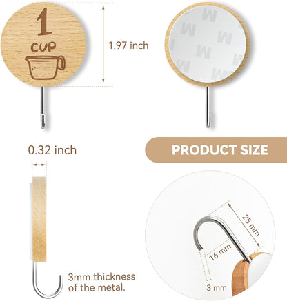 Measuring Cup and Spoon Organizer, 12 Pack Adhesive Wood Hooks for Hanging, Kitchen Hooks for Space Saving Storage