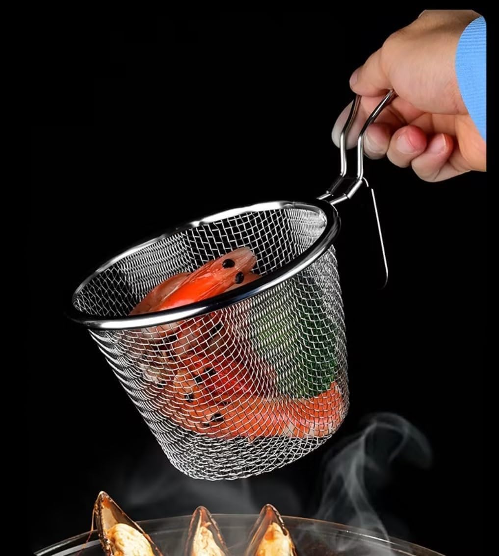 Stainless Steel Pasta Basket, Fine Mesh Strainer with Handle, Mesh Spider Food Dumpling Noodle Strainer Food Strainer Kitchen Utensils