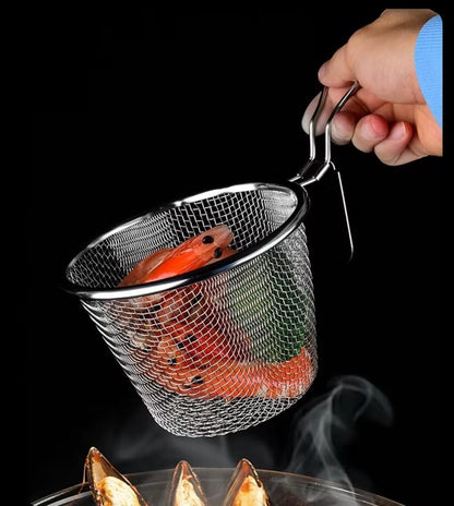 Stainless Steel Pasta Basket, Fine Mesh Strainer with Handle, Mesh Spider Food Dumpling Noodle Strainer Food Strainer Kitchen Utensils