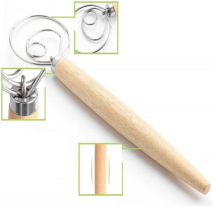 Danish Dough Whisk Bread Making Tools Stainless Steel Danish Dough Hook Bread Dough Mixer Hand Bread Dough Whisk for Pastry, Baking Cake, Dessert, Sourdough, Pizza, with Wooden Handle, 13 inch
